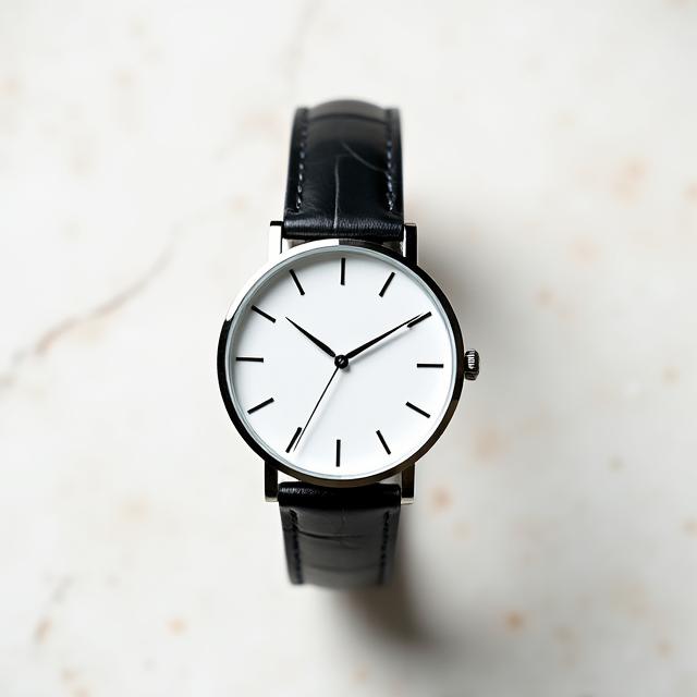 白い文字盤と黒い革バンドのミニマリストな腕時計。