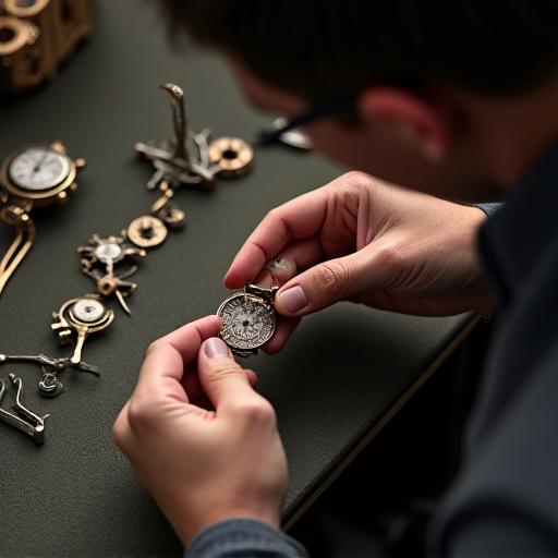 職人がピンセットを使って時計の針を取り付けている様子。