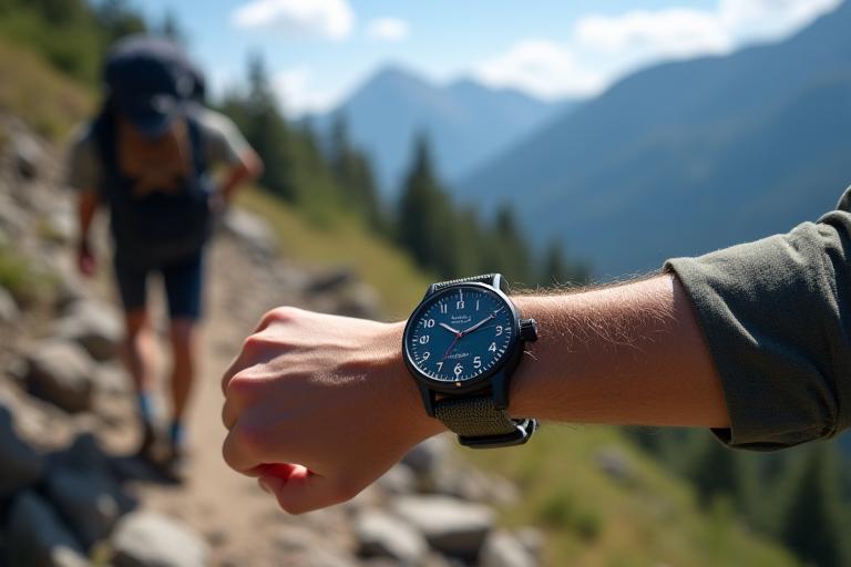 山道をハイキングする人の腕に着けられたフィールドウォッチ。